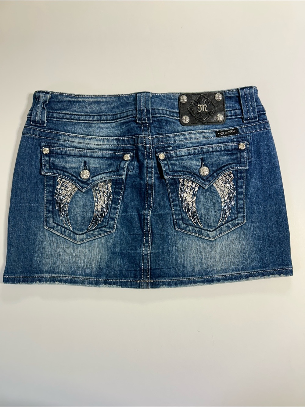 Vintage Y2K Miss Me Jean Mini Skirt Flap Pocket Angel Wing Rhinestone size 30